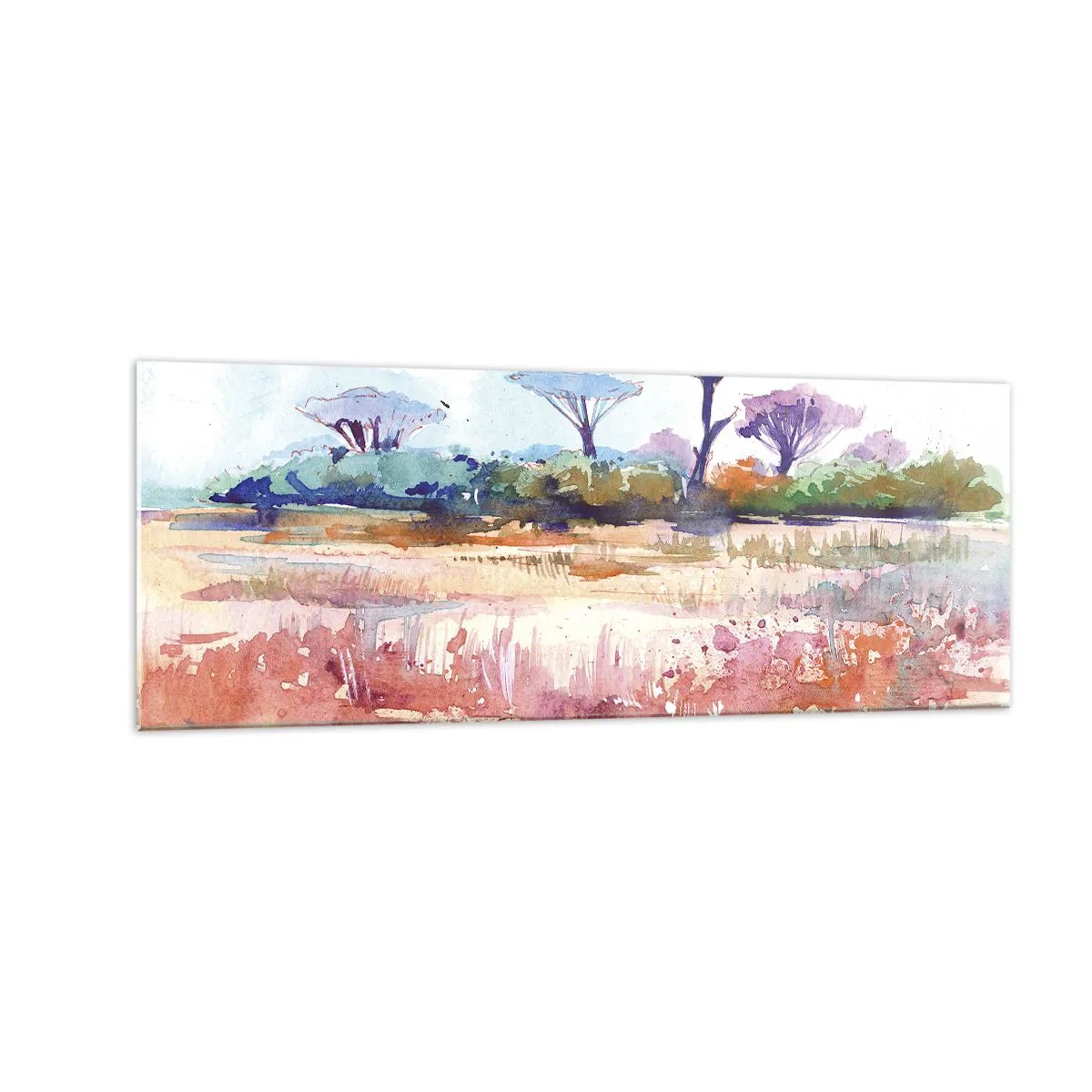 Cuadro sobre vidrio - Impresiones sobre Vidrio - Un pintoresco paisaje de sabana en colores de acuarela. - 140x50cm - Colores de la sabana - Decoración de pared moderna para salón y dormitorio ARTTOR