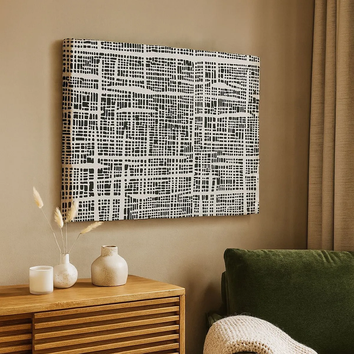 Cuadro sobre lienzo - Impresión de Imagen - Un patrón geométrico que se asemeja a una cuadrícula sobre un fondo claro. - 70x50cm - Composición del tejido - Decoración de pared moderna para salón y dormitorio ARTTOR
