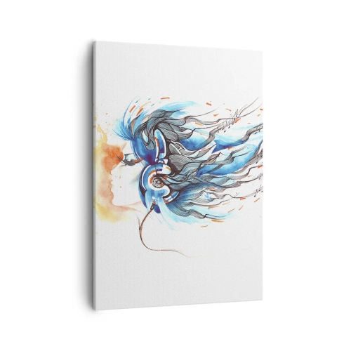 Cuadro sobre lienzo - Impresión de Imagen - Gráfico artístico de una mujer con auriculares con acentos musicales. - 50x70cm - Que suene la música - Decoración de pared moderna para salón y dormitorio ARTTOR