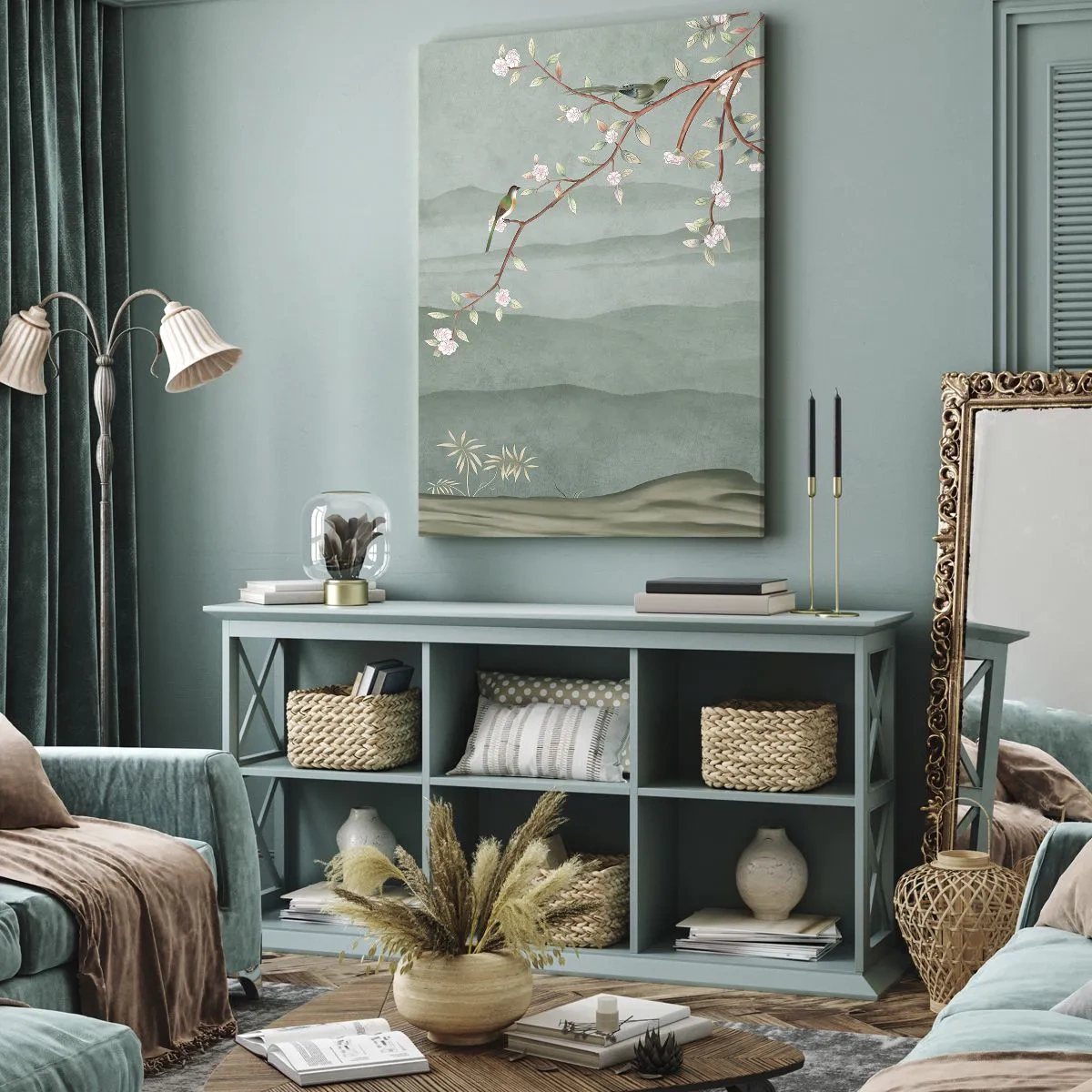 Cuadro sobre lienzo - Impresión de Imagen - Una imagen pintoresca de la rama de un árbol en flor con pájaros sobre un fondo de colinas verdes. - 70x100cm - Primavera, ah, eres tú - Decoración de pared moderna para salón y dormitorio ARTTOR