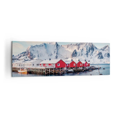 Cuadro sobre lienzo - Impresión de Imagen - Casas rojas con el telón de fondo de montañas nevadas y el mar azul. - 160x50cm - Un retiro en el norte - Decoración de pared moderna para salón y dormitorio ARTTOR
