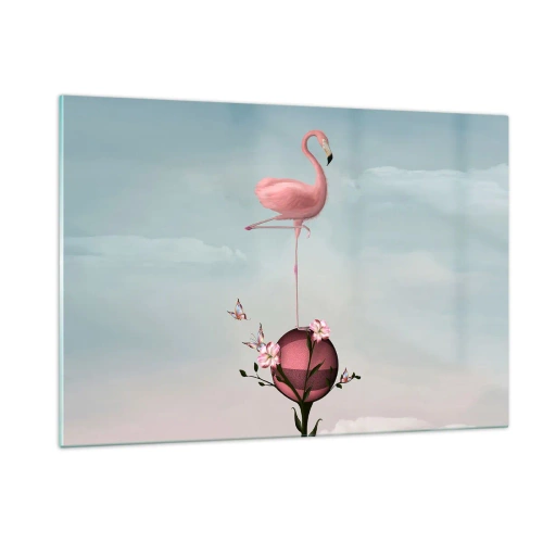 Cuadro sobre vidrio - Impresiones sobre Vidrio - Un flamenco rosa de pie sobre una bola decorativa con flores y mariposas. - 120x80cm - Alegoría del baloncesto - Decoración de pared moderna para salón y dormitorio ARTTOR