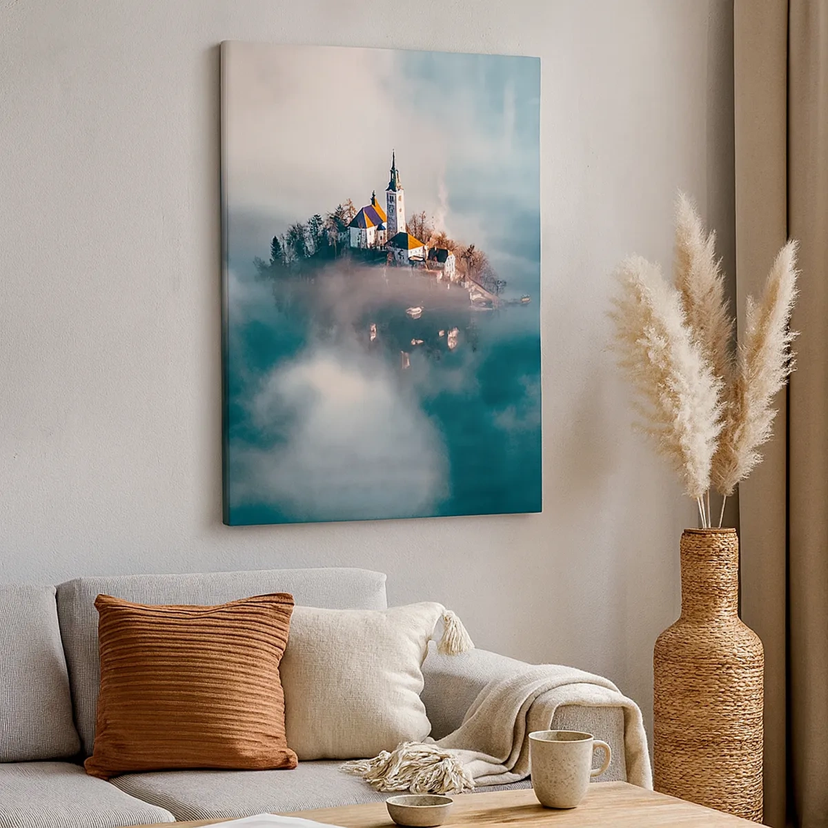 Cuadro sobre lienzo - Impresión de Imagen - Una isla pintoresca con una iglesia rodeada de niebla. - 50x70cm - Isla de los sueños - Decoración de pared moderna para salón y dormitorio ARTTOR