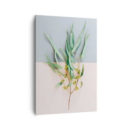 Cuadro sobre lienzo - Impresión de Imagen - Una rama con hojas sobre un fondo de tonos pastel. - 70x100cm - La sutileza del pastel - Decoración de pared moderna para salón y dormitorio ARTTOR