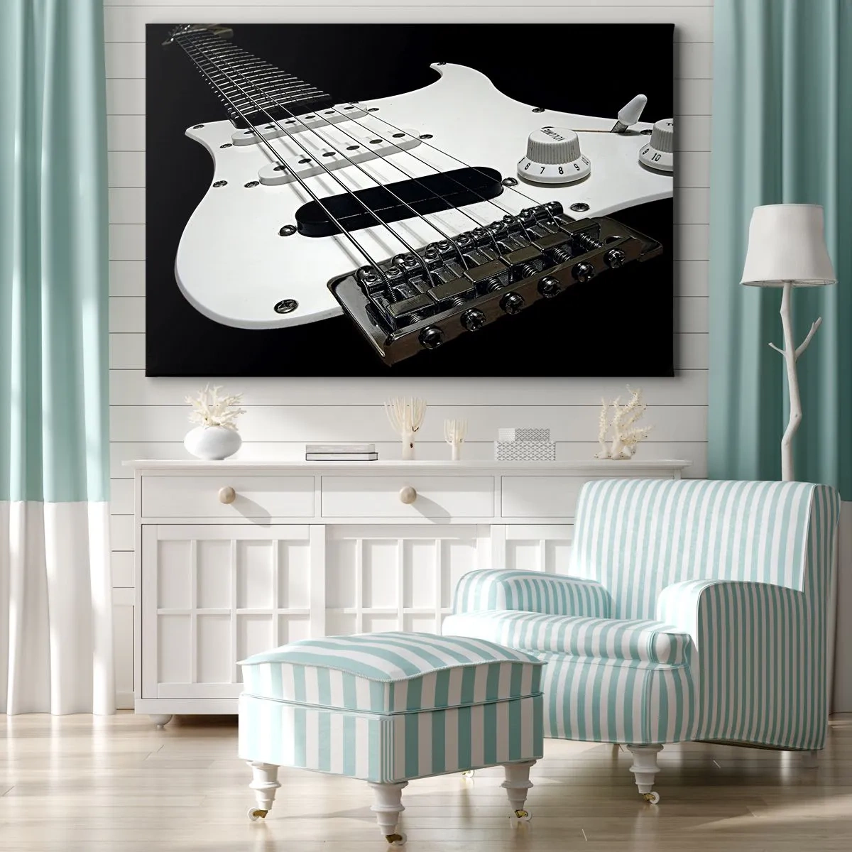 Cuadro sobre lienzo - Impresión de Imagen - Primer plano de una guitarra eléctrica blanca sobre fondo negro. - 70x50cm - Oculto en blanco está el sonido - Decoración de pared moderna para salón y dormitorio ARTTOR