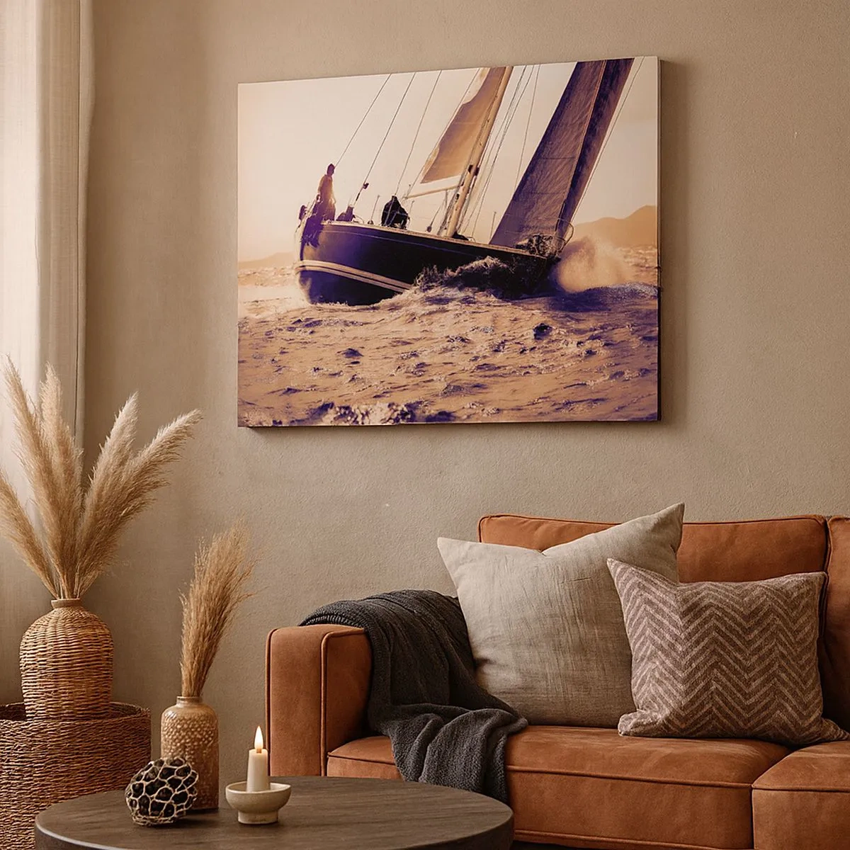 Cuadro sobre lienzo - Impresión de Imagen - Un yate en un mar tempestuoso a la luz del sol poniente. - 70x50cm - Navega, marinero - Decoración de pared moderna para salón y dormitorio ARTTOR