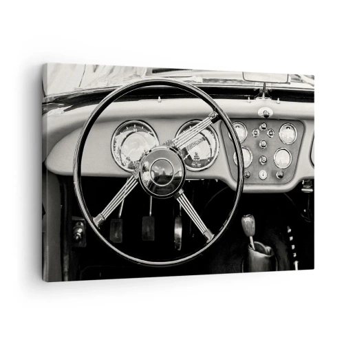 Cuadro sobre lienzo - Impresión de Imagen - Interior de coche clásico en blanco y negro - 70x50cm - El sueño de un coleccionista - Decoración de pared moderna para salón y dormitorio ARTTOR