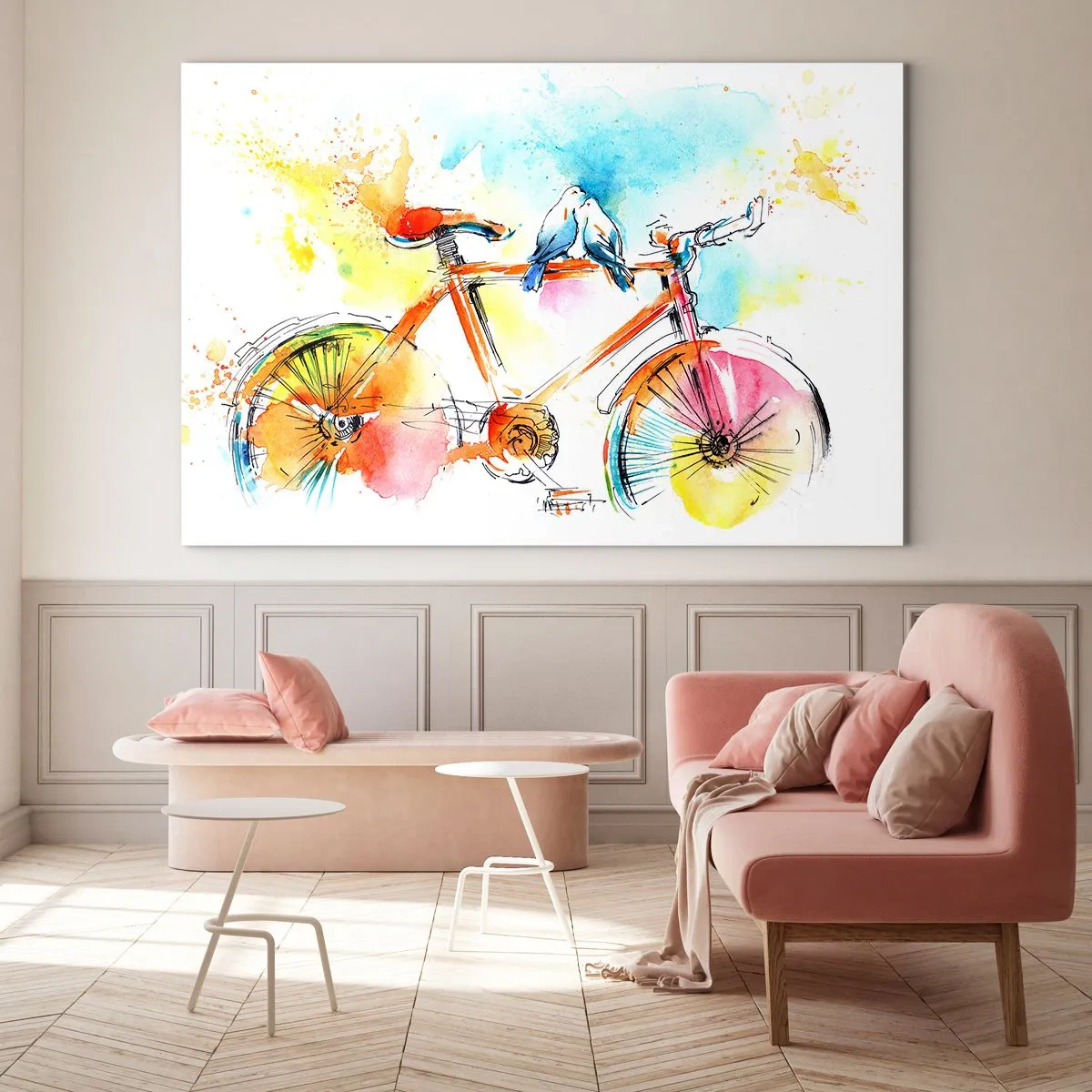 Cuadro sobre vidrio - Impresiones sobre Vidrio - Una bicicleta colorida con pájaros posados en el manillar. - 70x50cm - Dos en bicicleta - Decoración de pared moderna para salón y dormitorio ARTTOR