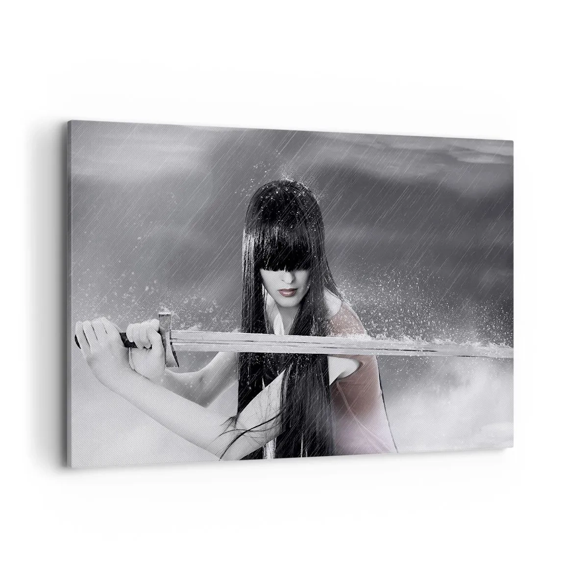 Cuadro sobre lienzo - Impresión de Imagen - Una mujer con una espada bajo la lluvia con una apariencia dinámica y misteriosa. - 120x80cm - Hermosa y peligrosa - Decoración de pared moderna para salón y dormitorio ARTTOR