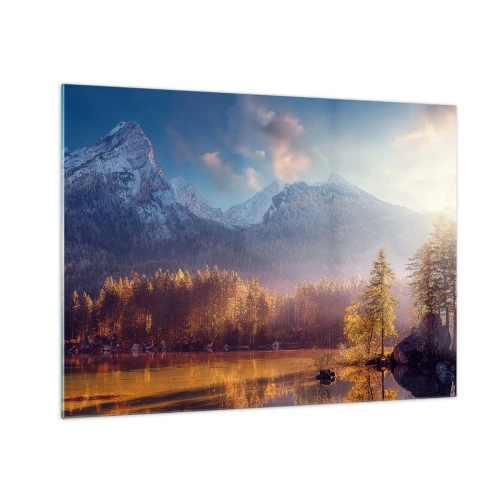 Cuadro sobre vidrio - Impresiones sobre Vidrio - Luz dorada de la mañana sobre un lago de montaña rodeado de bosque. - 70x50cm - Entre las montañas y los valles - Decoración de pared moderna para salón y dormitorio ARTTOR