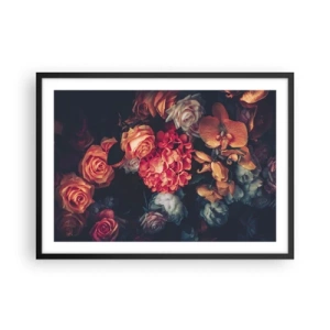 Póster en marco negro - Un ramo de varias flores en tonos oscuros. - 70x50cm - Como los maestros holandeses - Decoración de pared moderna para salón y dormitorio ARTTOR