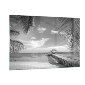 Cuadro sobre vidrio - Impresiones sobre Vidrio - Fotografía en blanco y negro de una playa tropical con un embarcadero. - 120x80cm - ¿Un recuerdo o un sueño? - Decoración de pared moderna para salón y dormitorio ARTTOR