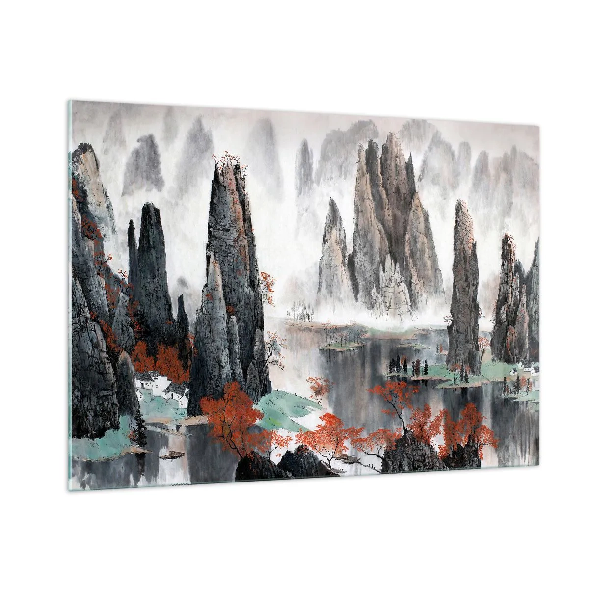 Cuadro sobre vidrio - Impresiones sobre Vidrio - Un pintoresco paisaje montañoso con picos brumosos y árboles rojos. - 100x70cm - Poderosos guardianes - Decoración de pared moderna para salón y dormitorio ARTTOR