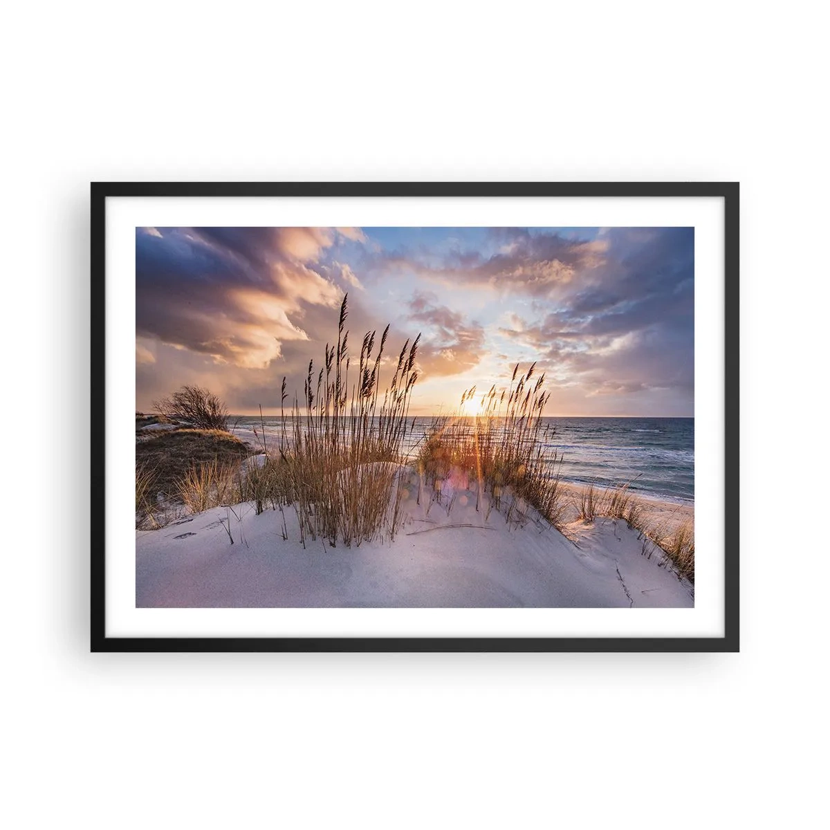 Póster en marco negro - Dunas con hierbas con el sol poniente como telón de fondo - 70x50cm - Adiós al sol y al viento - Decoración de pared moderna para salón y dormitorio ARTTOR
