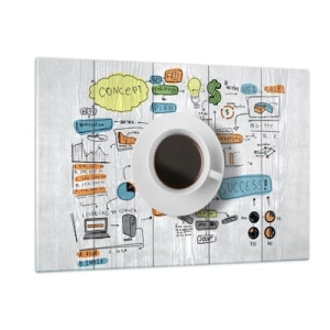 Cuadro sobre vidrio - Impresiones sobre Vidrio - Una taza de café sobre un fondo de diagramas y dibujos conceptuales. - 120x80cm - Tiempo de descanso - Decoración de pared moderna para salón y dormitorio ARTTOR