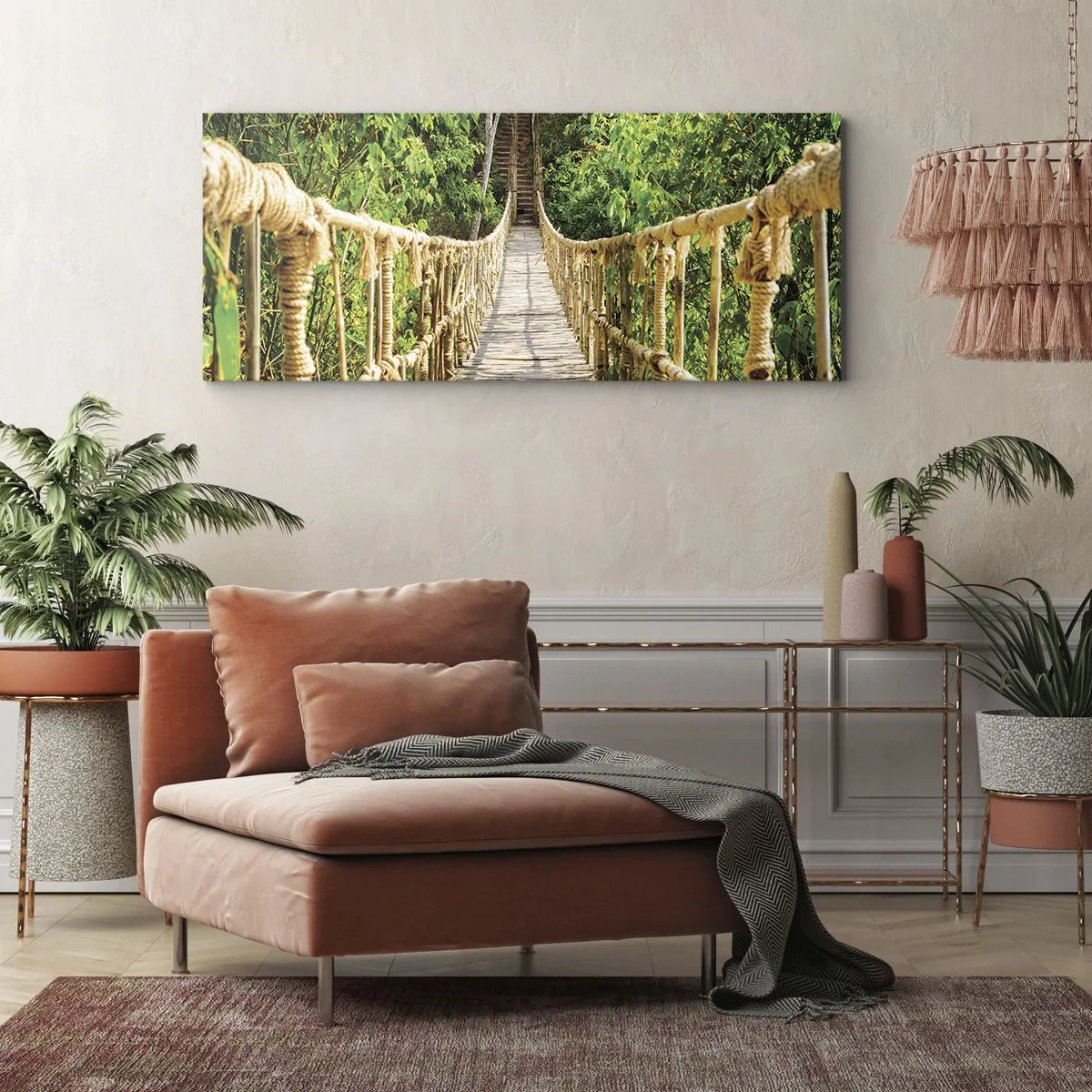 Cuadro sobre lienzo - Impresión de Imagen - Un puente colgante en un bosque tropical lleno de vegetación. - 160x50cm - Suspendido en verde - Decoración de pared moderna para salón y dormitorio ARTTOR