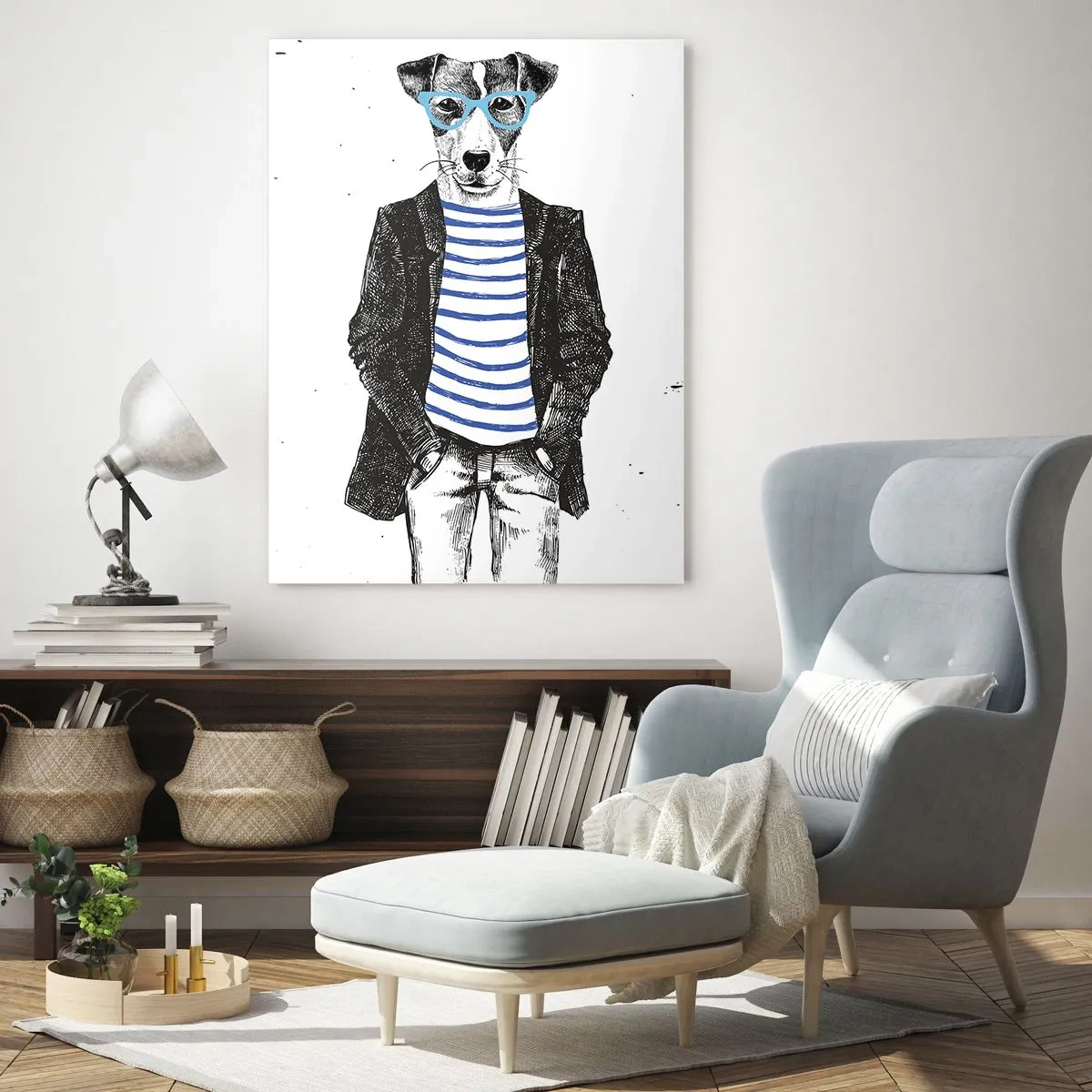 Cuadro sobre vidrio - Impresiones sobre Vidrio - Retrato de un perro con gafas y camisa de marinero en estilo humorístico. - 80x120cm - El encanto del perro - Decoración de pared moderna para salón y dormitorio ARTTOR