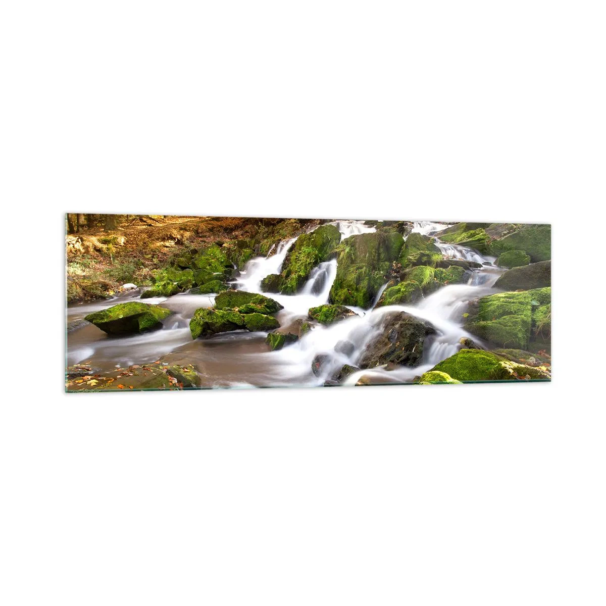 Cuadro sobre vidrio - Impresiones sobre Vidrio - Un paisaje boscoso con una cascada rodeada de musgo. - 160x50cm - Atravesando el bosque otoñal - Decoración de pared moderna para salón y dormitorio ARTTOR