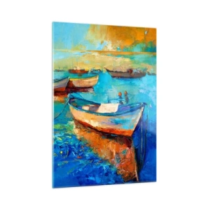 Cuadro sobre vidrio - Impresiones sobre Vidrio - Barcos coloridos sobre un fondo de aguas tranquilas - 50x70cm - En la bahía sur - Decoración de pared moderna para salón y dormitorio ARTTOR