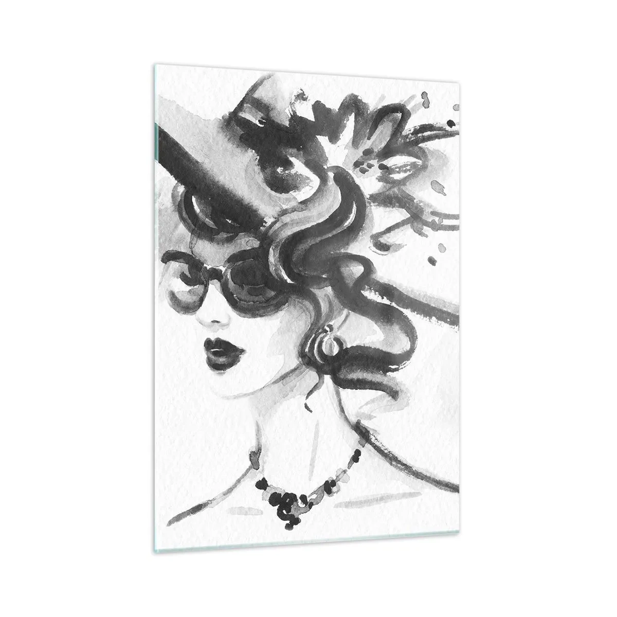 Cuadro sobre vidrio - Impresiones sobre Vidrio - Retrato en blanco y negro de una mujer con sombrero. - 50x70cm - Una dama con carácter - Decoración de pared moderna para salón y dormitorio ARTTOR