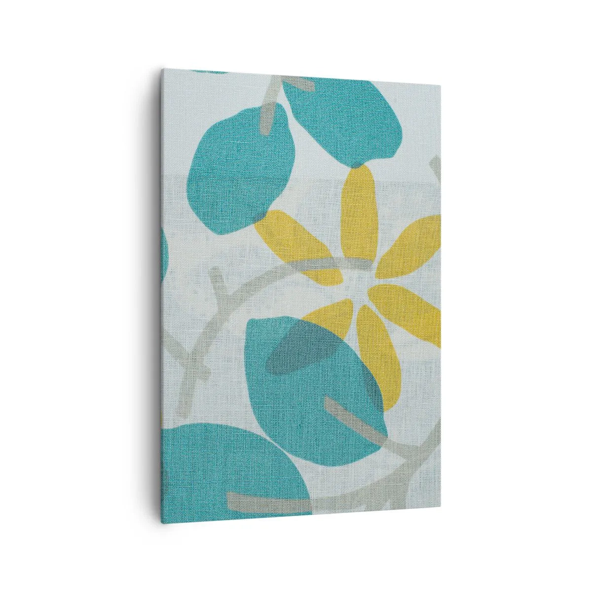 Cuadro sobre lienzo - Impresión de Imagen - Hojas en tonos turquesa y amarillo sobre un fondo claro. - 70x100cm - Entre hojas azules - Decoración de pared moderna para salón y dormitorio ARTTOR