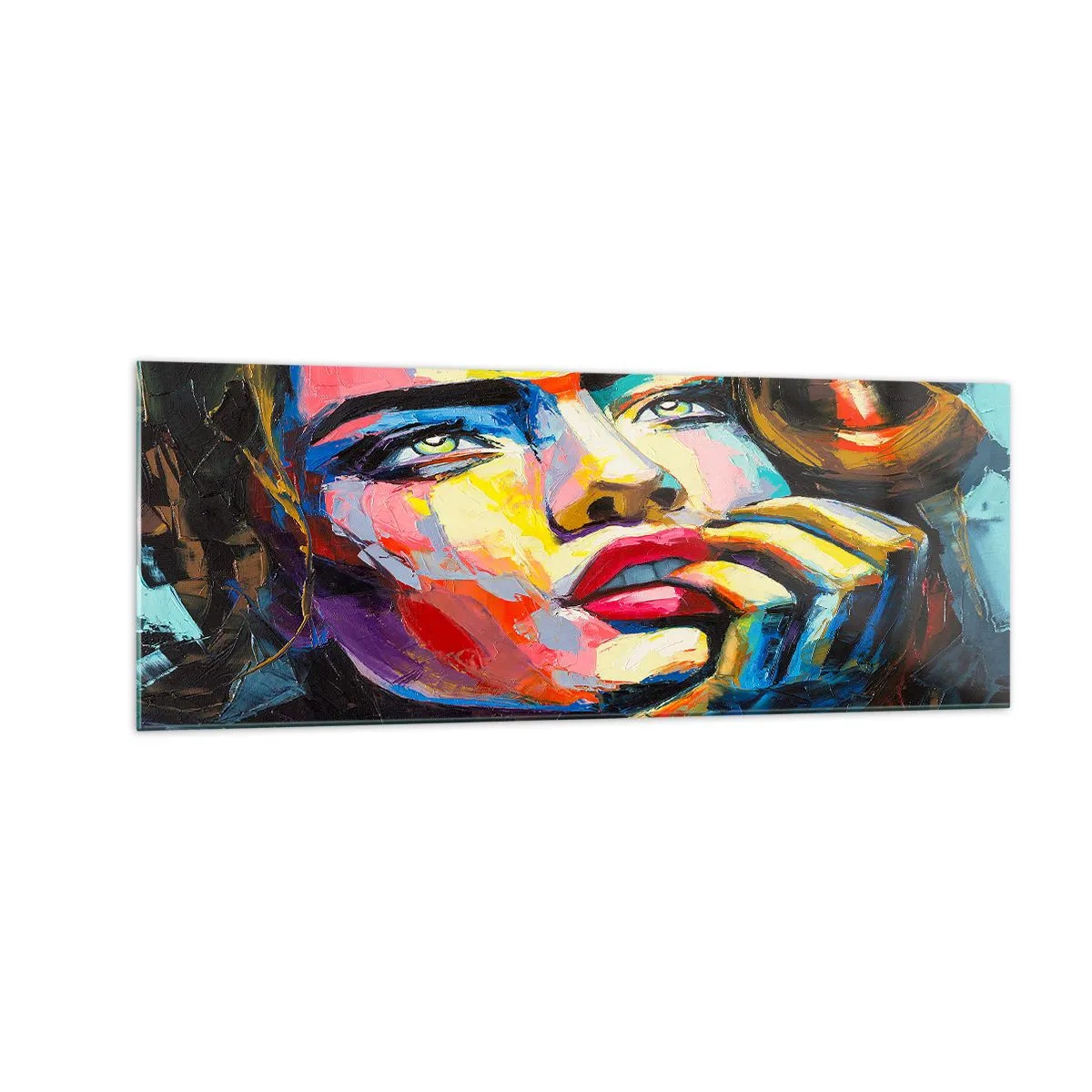 Cuadro sobre vidrio - Impresiones sobre Vidrio - Retrato colorido de una mujer en estilo expresionista. - 140x50cm - Sueños - Decoración de pared moderna para salón y dormitorio ARTTOR