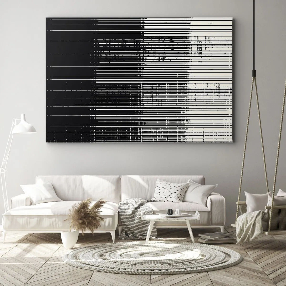 Cuadro sobre lienzo - Impresión de Imagen - Composición abstracta de líneas en blanco y negro contrastantes. - 70x50cm - Ondas y vibraciones - Decoración de pared moderna para salón y dormitorio ARTTOR