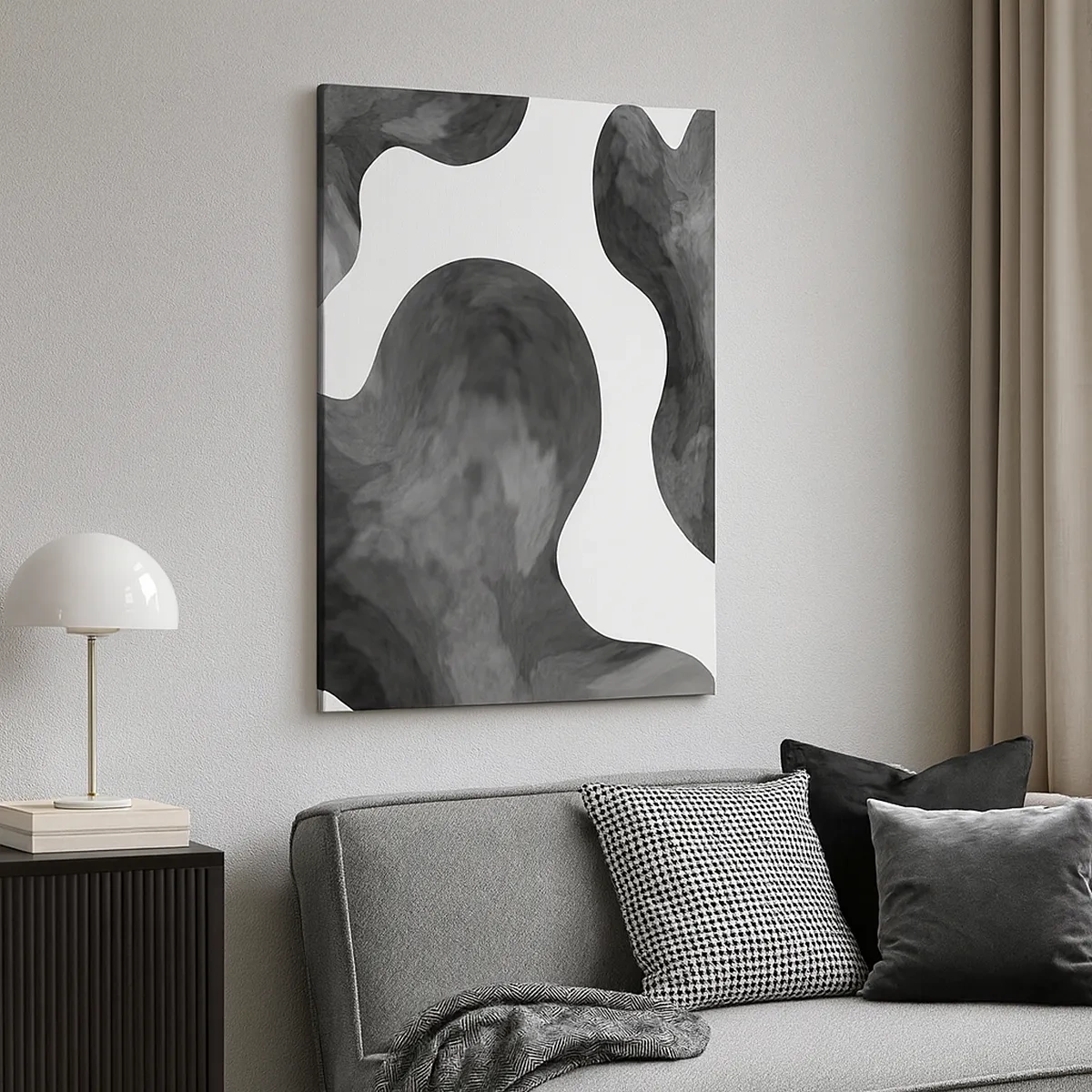 Cuadro sobre lienzo - Impresión de Imagen - Patrón abstracto en tonos de gris y blanco. - 50x70cm - El blanco fluye sobre el negro - Decoración de pared moderna para salón y dormitorio ARTTOR