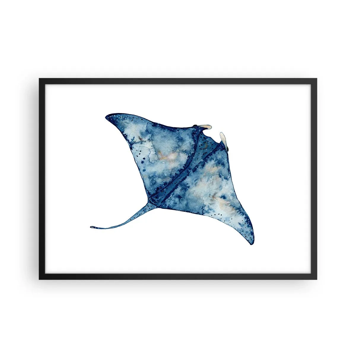 Póster en marco negro - Raya azul en estilo acuarela sobre fondo blanco - 70x50cm - La vida en azul - Decoración de pared moderna para salón y dormitorio ARTTOR