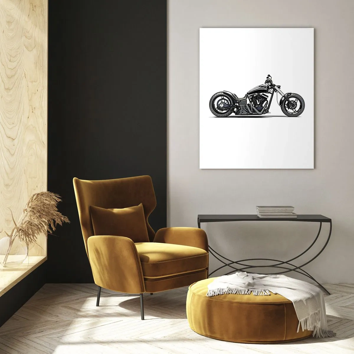 Cuadro sobre vidrio - Impresiones sobre Vidrio - Elegante motocicleta personalizada negra sobre un fondo blanco. - 70x100cm - Para los que aman la libertad - Decoración de pared moderna para salón y dormitorio ARTTOR