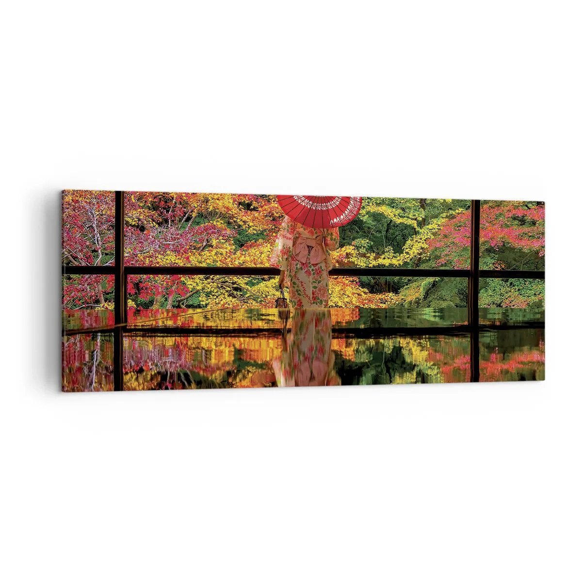 Cuadro sobre lienzo - Impresión de Imagen - Una mujer con un kimono y un paraguas con el telón de fondo de un paisaje otoñal. - 140x50cm - En un templo de la naturaleza - Decoración de pared moderna para salón y dormitorio ARTTOR