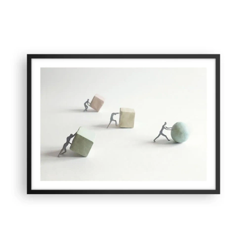 Póster en marco negro - Figuras en miniatura que empujan formas contra un fondo claro. - 70x50cm - El avance de la geometría - Decoración de pared moderna para salón y dormitorio ARTTOR