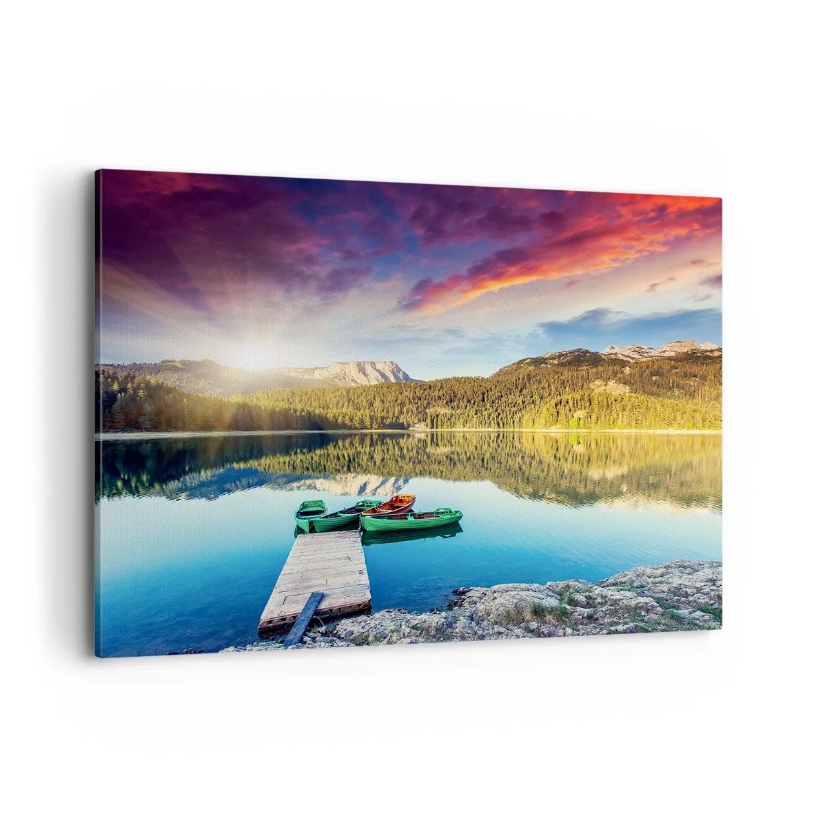 Cuadro sobre lienzo - Impresión de Imagen - Puesta de sol sobre el lago con barcos en el muelle - 120x80cm - Sobre el agua tan suave como un espejo - Decoración de pared moderna para salón y dormitorio ARTTOR