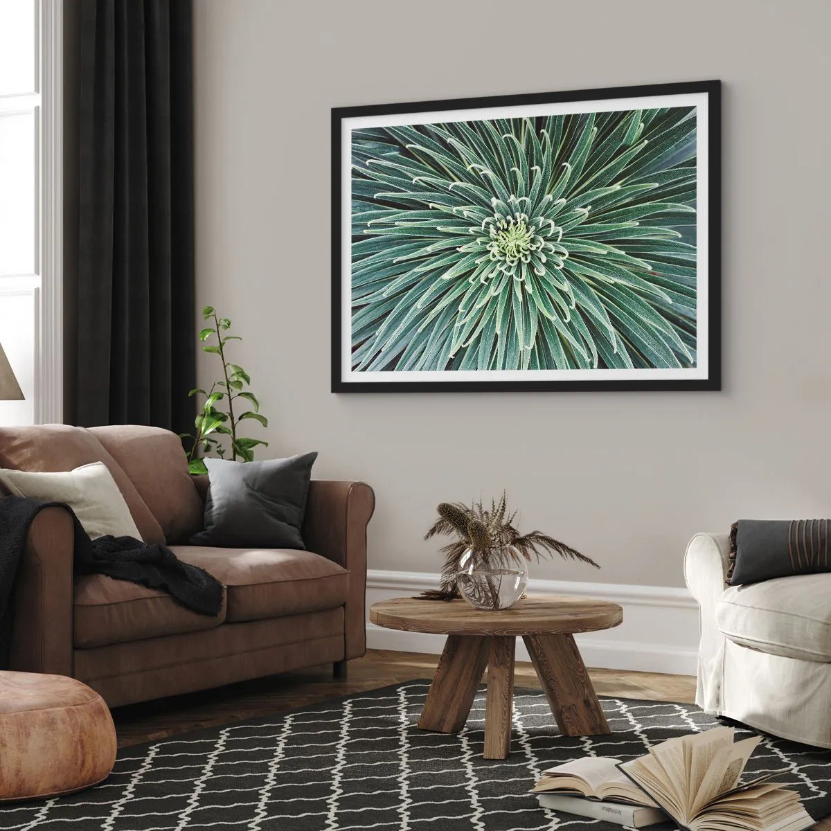 Póster en marco negro - Disposición simétrica de hojas verdes que se asemeja a una estrella. - 70x50cm - El nacimiento de una estrella - Decoración de pared moderna para salón y dormitorio ARTTOR