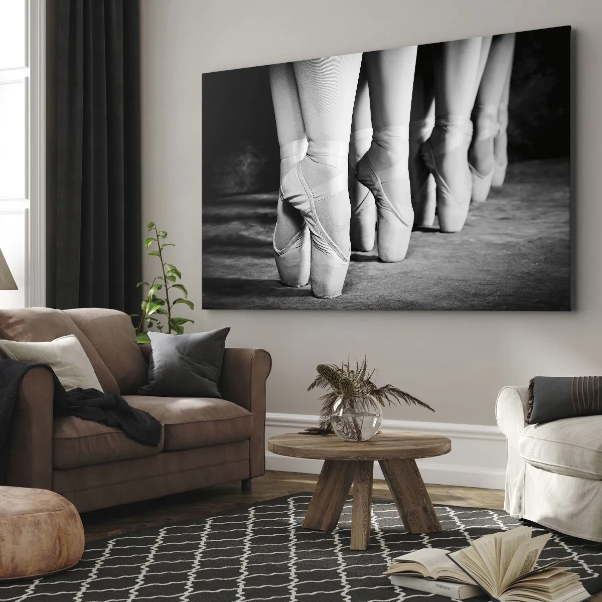 Cuadro sobre lienzo - Impresión de Imagen - Fotografía en blanco y negro de las zapatillas de ballet de una bailarina. - 100x70cm - En conjunto y al unísono - Decoración de pared moderna para salón y dormitorio ARTTOR