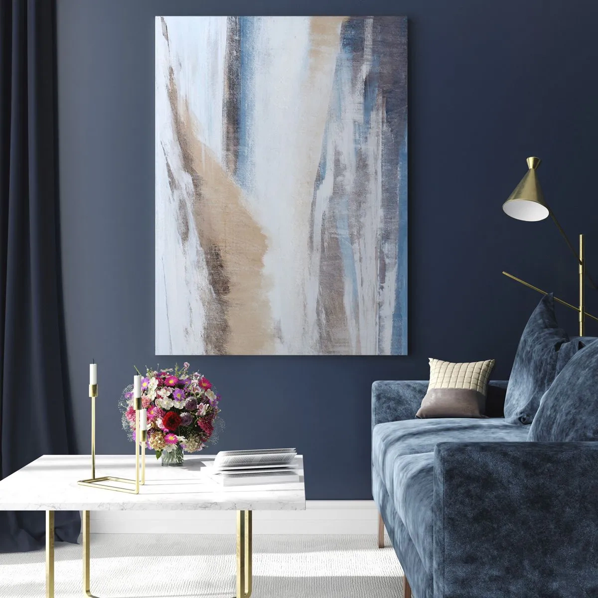 Cuadro sobre vidrio - Impresiones sobre Vidrio - Una delicada abstracción en tonos fríos beige y azul. - 50x70cm - Composición invernal - Decoración de pared moderna para salón y dormitorio ARTTOR