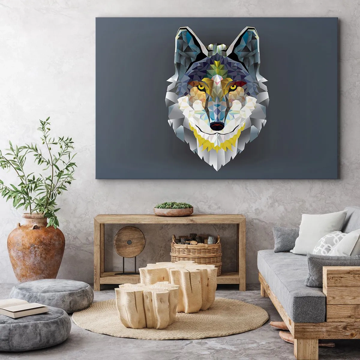Cuadro sobre lienzo - Impresión de Imagen - Imagen geométrica de un lobo sobre un fondo gris. - 120x80cm - Habla del lobo si lo ves - Decoración de pared moderna para salón y dormitorio ARTTOR