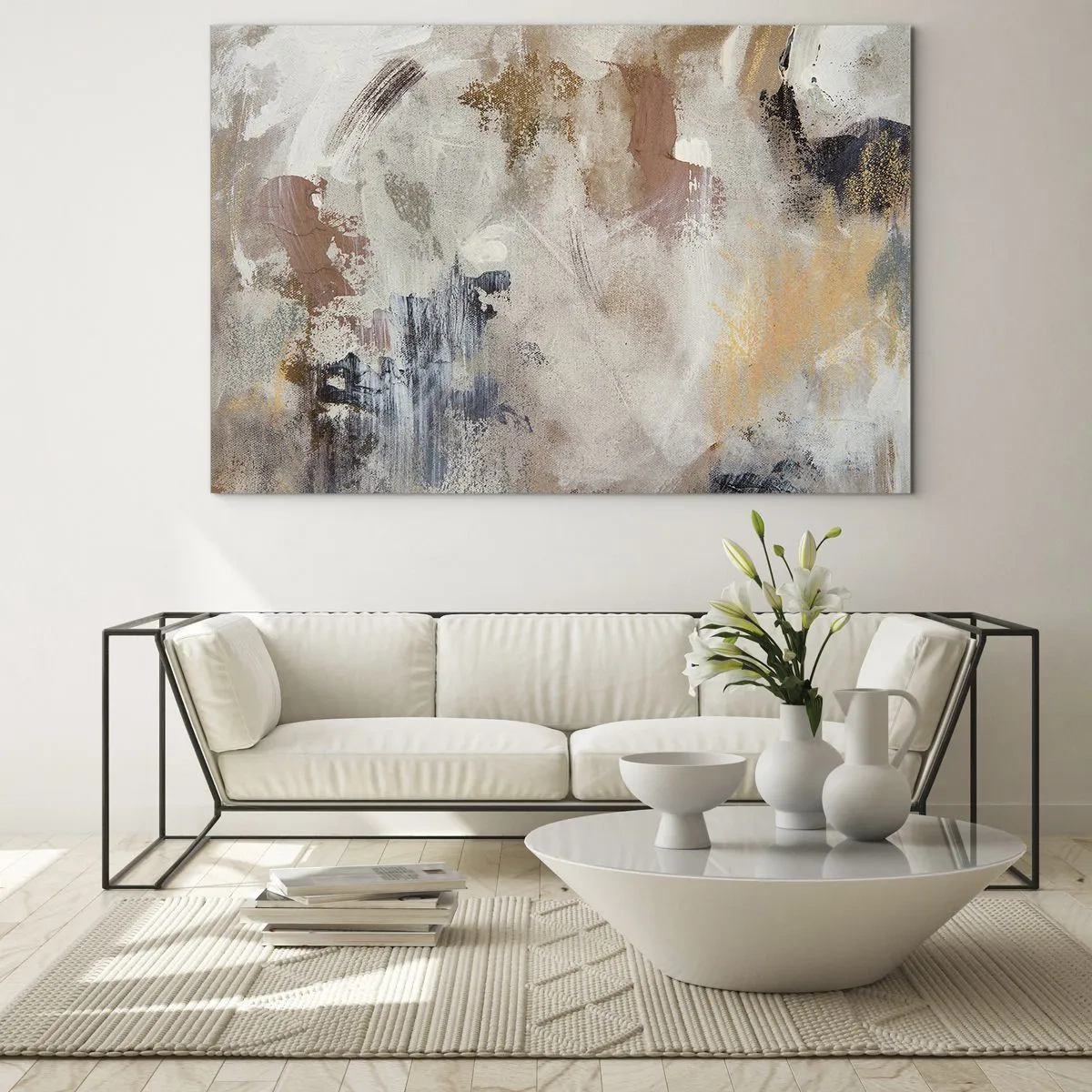 Cuadro sobre vidrio - Impresiones sobre Vidrio - Composición abstracta en beige y marrón de estilo brumoso - 70x50cm - Abstracción brumosa - Decoración de pared moderna para salón y dormitorio ARTTOR