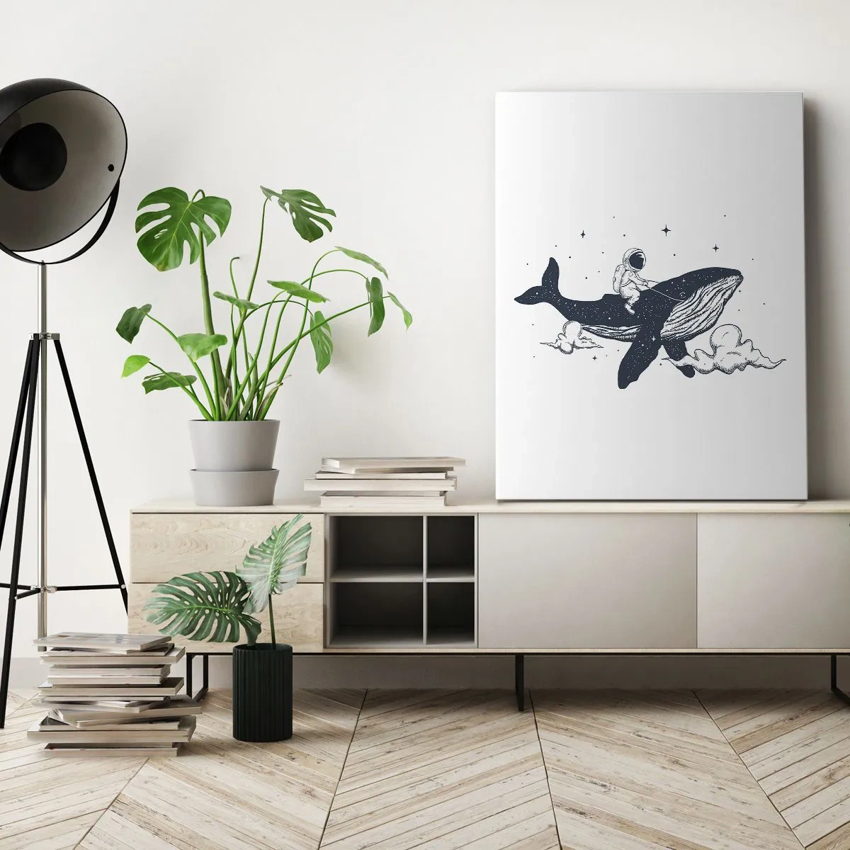 Cuadro sobre lienzo - Impresión de Imagen - Astronauta en una ballena flotando en el espacio - 50x70cm - Una aventura cósmica - Decoración de pared moderna para salón y dormitorio ARTTOR