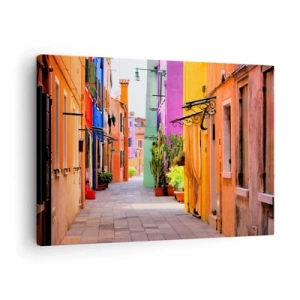 Cuadro sobre lienzo - Impresión de Imagen - Una calle colorida con casas de vecindad en tonos claros - 70x50cm - El callejón arco iris - Decoración de pared moderna para salón y dormitorio ARTTOR