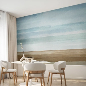 Fotomural Standard Eco - Paisaje de acuarela del mar y la playa en tonos pastel. - 100x70cm - Serenidad - Decoración de pared moderna para salón y dormitorio ARTTOR