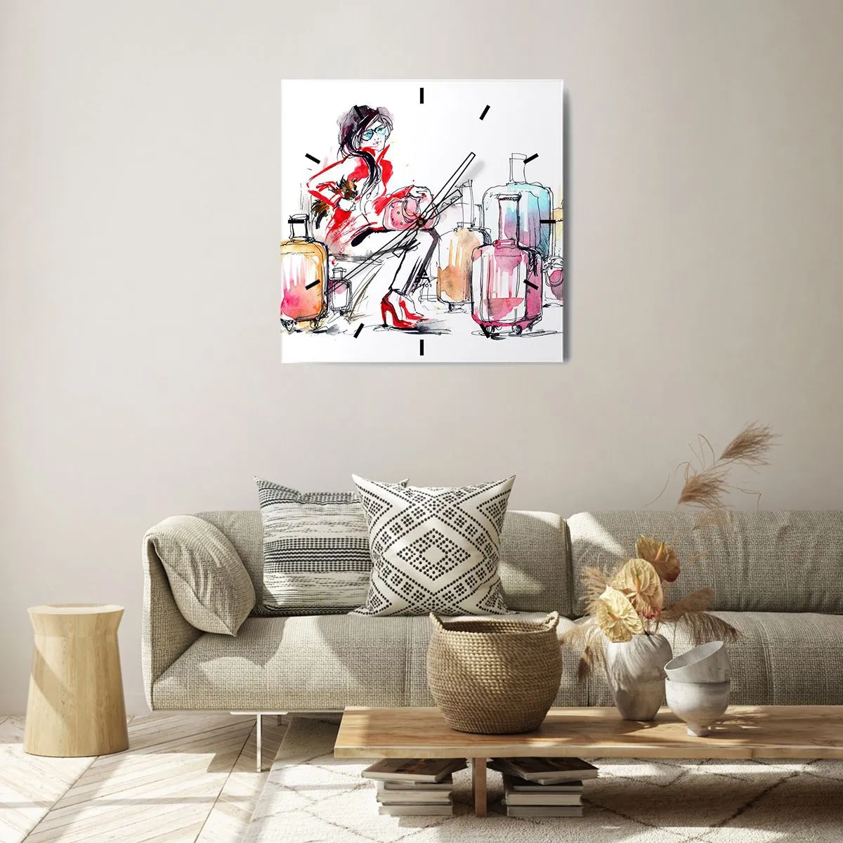 Reloj de pared - Reloj de vidrio - Una mujer con maletas en una dinámica ilustración de acuarela. - 30x30cm - Sentémonos antes del viaje - Decoración de pared moderna para salón y dormitorio ARTTOR