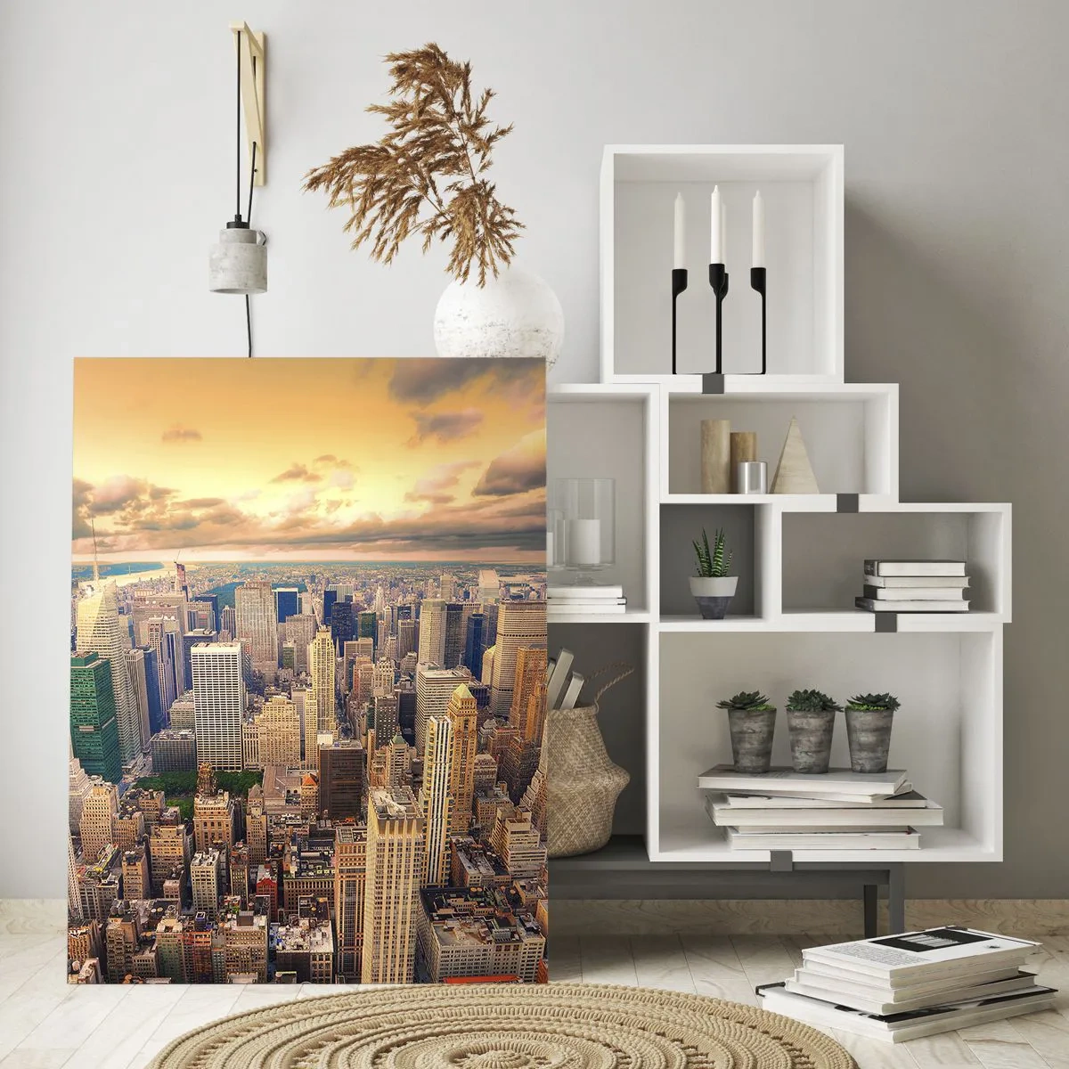 Cuadro sobre vidrio - Impresiones sobre Vidrio - Panorama de la ciudad con vistas a los rascacielos al atardecer - 70x100cm - Metrópolis dorada - Decoración de pared moderna para salón y dormitorio ARTTOR