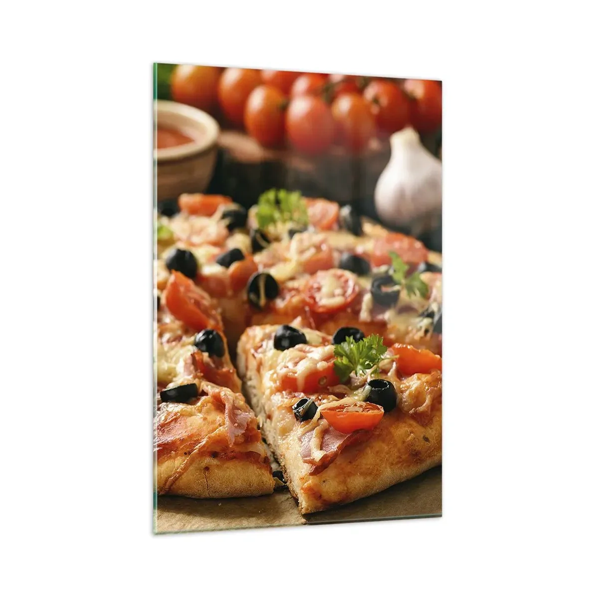 Cuadro sobre vidrio - Impresiones sobre Vidrio - Pizza con tomates, aceitunas y hierbas frescas en la mesa. - 80x120cm - Delicioso aroma - Decoración de pared moderna para salón y dormitorio ARTTOR