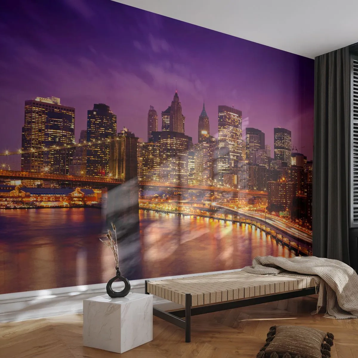 Fotomural Autadhesivo Deluxe Sticker - Manhattan púrpura y dorado - Ciudad, Nueva York, Arquitectura - 100x70 cm
