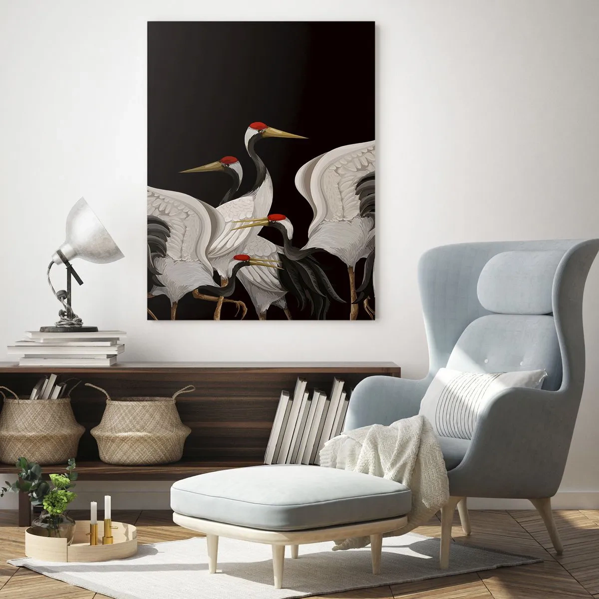 Cuadro sobre vidrio - Impresiones sobre Vidrio - Grullas blancas con cabezas rojas sobre fondo negro - 50x70cm - Asuntos de aves - Decoración de pared moderna para salón y dormitorio ARTTOR