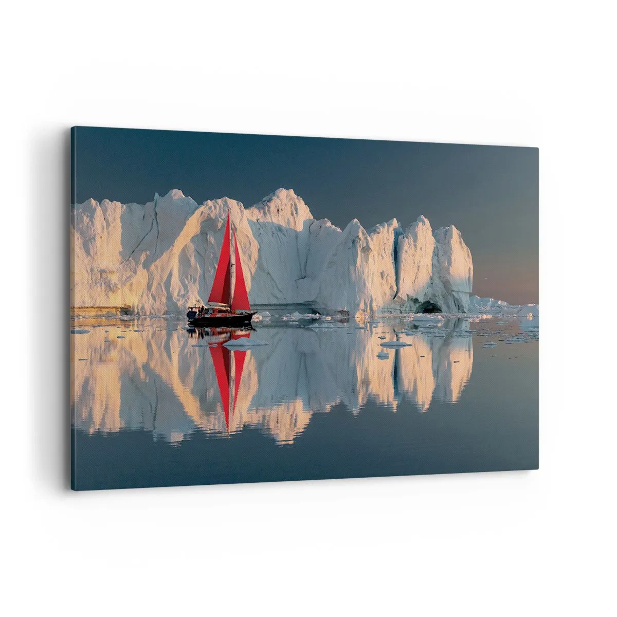 Cuadro sobre lienzo - Impresión de Imagen - Un velero con una vela roja con el fondo de un glaciar. - 120x80cm - En el límite del mundo - Decoración de pared moderna para salón y dormitorio ARTTOR
