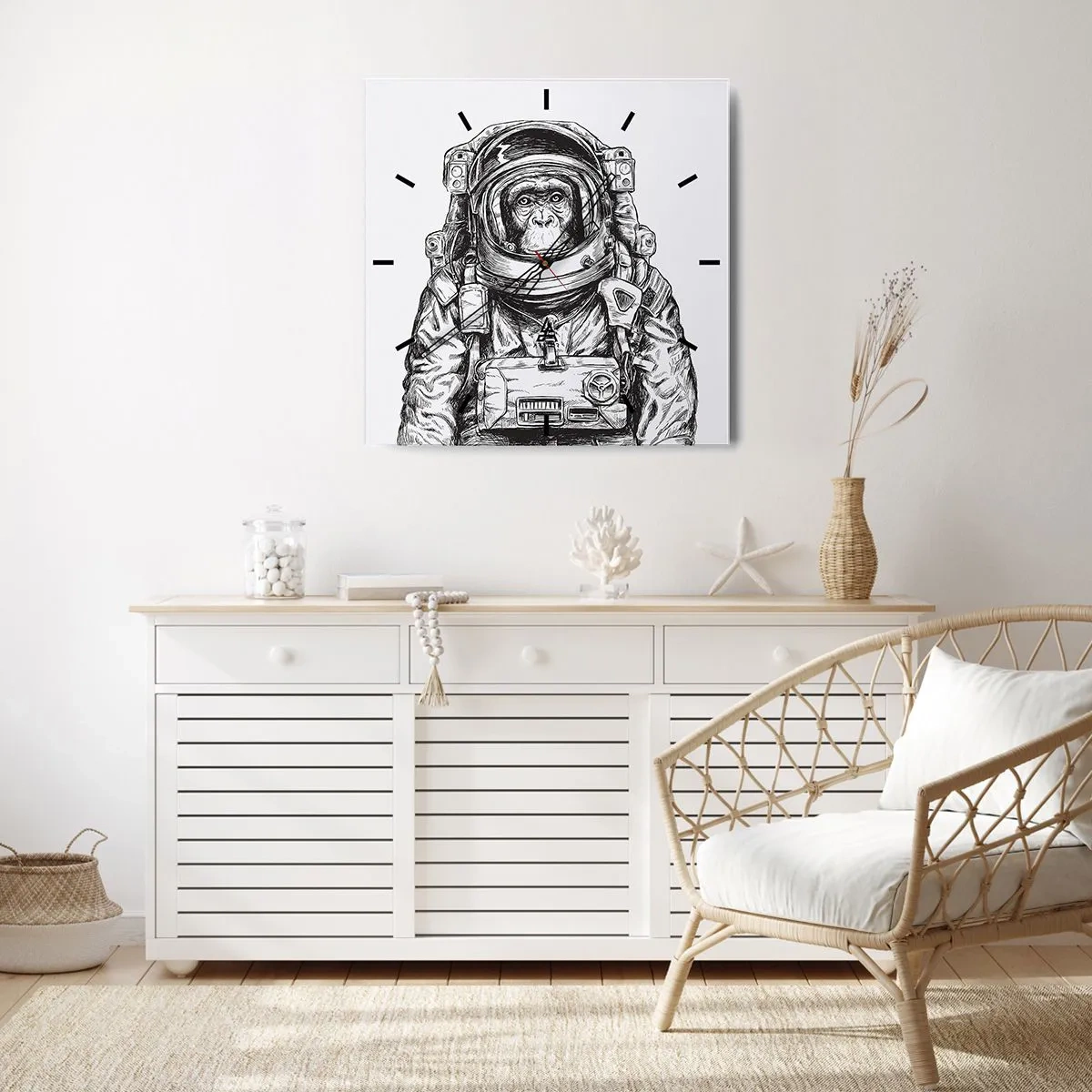 Reloj de pared - Reloj de vidrio - Gráfico de un astronauta en un traje espacial con cabeza de mono. - 30x30cm - Evolución alternativa - Decoración de pared moderna para salón y dormitorio ARTTOR