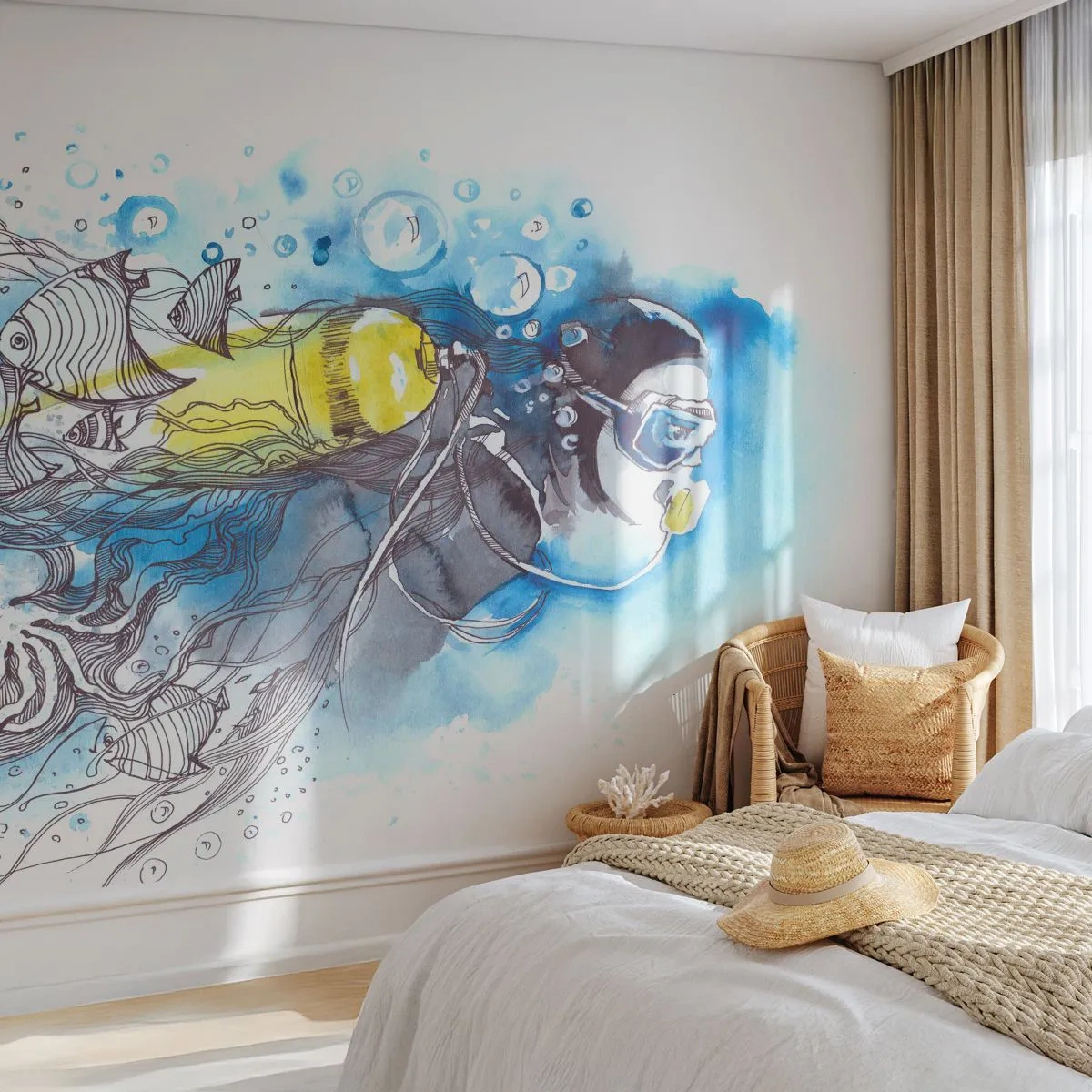 Fotomural Premium Sand - Un buceador explorando el mundo submarino en estilo acuarela. - 100x70cm - Sumergirse en lo desconocido - Decoración de pared moderna para salón y dormitorio ARTTOR