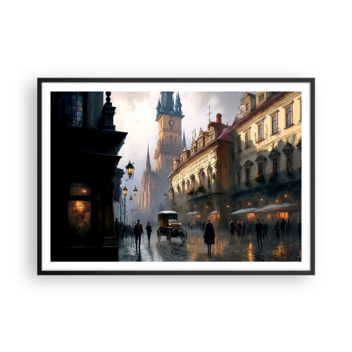Póster en marco negro - Escena callejera nocturna con arquitectura histórica - 100x70cm - La magia de una noche de Praga - Decoración de pared moderna para salón y dormitorio ARTTOR